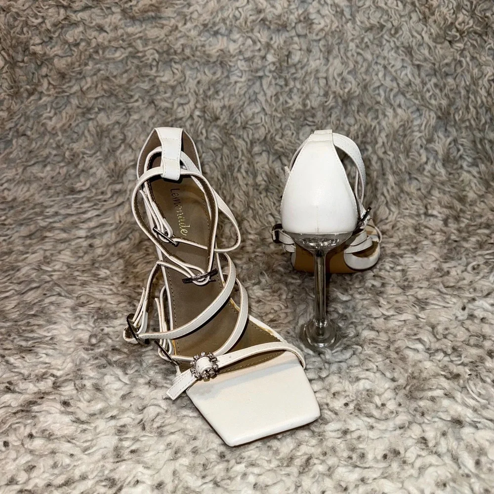 Lemonade Ginny White Strappy Martini Heel Rhinestone Buckle Sandals Womens 8‎ - Picture 4 of 9